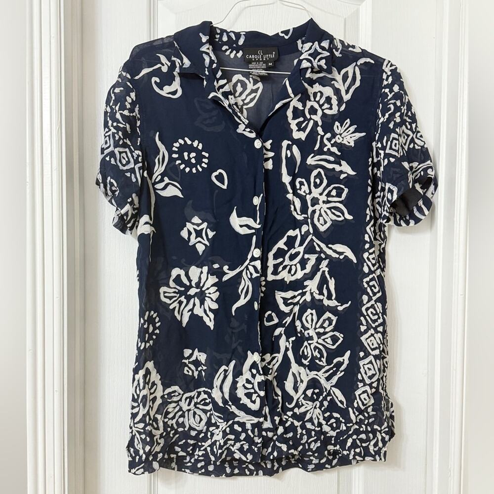 Carole Little Sport navy blue floral button-down blouse size M